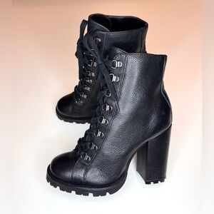 Schutz Zara Black Leather Lace Up Lug Sole Block High Heel Combat Boots Size- 6